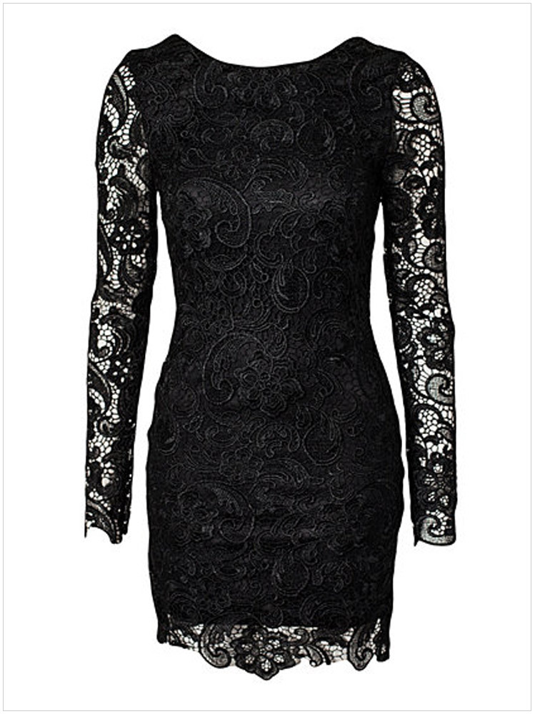 F2330Fashion Lace Flower Patterned Long Sleeve Backless Skintight Skirt Black